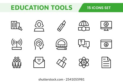 Education Tools Icon Set. Engaging and versatile icons for learning apps, classrooms, and online courses, perfect for enhancing educational resources and making learning fun and accessible.