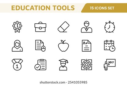 Education Tools Icon Set. Engaging and versatile icons for learning apps, classrooms, and online courses, perfect for enhancing educational resources and making learning fun and accessible.