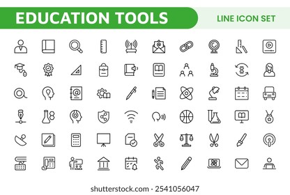 Education Tools Icon Set. Engaging and versatile icons for learning apps, classrooms, and online courses, perfect for enhancing educational resources and making learning fun and accessible.