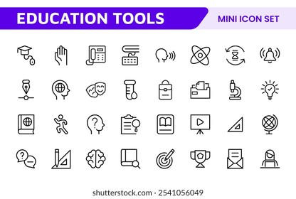 Conjunto de iconos de herramientas de Educación. Iconos atractivos y versátiles para aprender App, aulas y cursos en línea, perfectos para mejorar los recursos educativos y hacer que el aprendizaje sea divertido y accesible.
