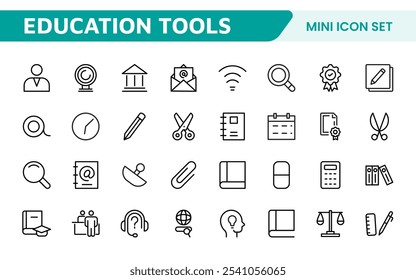 Conjunto de Ícones de Ferramentas de Educação. Ícones envolventes e versáteis para aplicativos de aprendizagem, salas de aula e cursos on-line, perfeitos para aprimorar os recursos educacionais e tornar o aprendizado divertido e acessível.