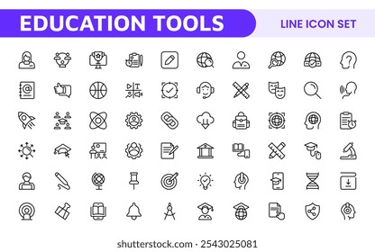 Conjunto de Ícones de Ferramentas de Educação. Ícones envolventes e versáteis para aplicativos de aprendizagem, salas de aula e cursos on-line, perfeitos para aprimorar os recursos educacionais e tornar o aprendizado divertido e acessível.