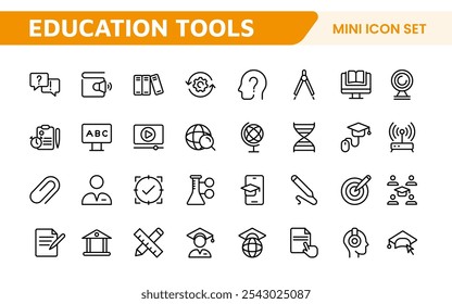 Education Tools Icon Set. Engaging and versatile icons for learning apps, classrooms, and online courses, perfect for enhancing educational resources and making learning fun and accessible.