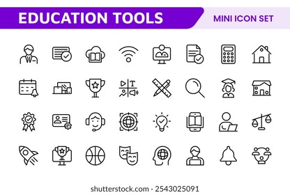 Conjunto de Ícones de Ferramentas de Educação. Ícones envolventes e versáteis para aplicativos de aprendizagem, salas de aula e cursos on-line, perfeitos para aprimorar os recursos educacionais e tornar o aprendizado divertido e acessível.