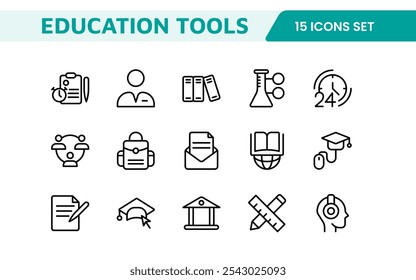 Education Tools Icon Set. Engaging and versatile icons for learning apps, classrooms, and online courses, perfect for enhancing educational resources and making learning fun and accessible.