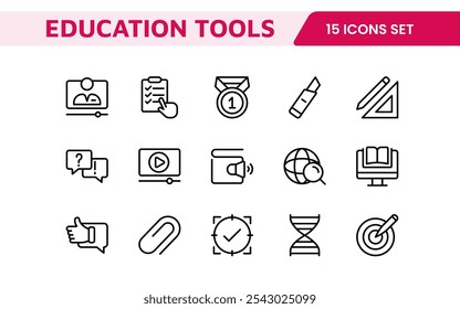 Education Tools Icon Set. Engaging and versatile icons for learning apps, classrooms, and online courses, perfect for enhancing educational resources and making learning fun and accessible.
