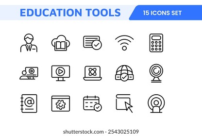 Education Tools Icon Set. Engaging and versatile icons for learning apps, classrooms, and online courses, perfect for enhancing educational resources and making learning fun and accessible.