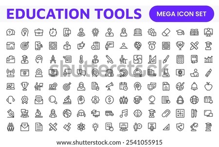 Education Tools Icon Set. Engaging and versatile icons for learning apps, classrooms, and online courses, perfect for enhancing educational resources and making learning fun and accessible.