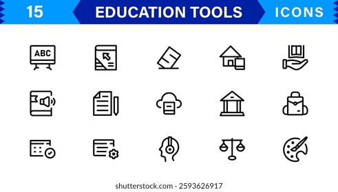 Education Tools Icon Set. High-Quality Icons for Classroom, Learning, Teaching, and Study Resources Designs