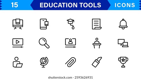 Education Tools Icon Set. High-Quality Icons for Classroom, Learning, Teaching, and Study Resources Designs