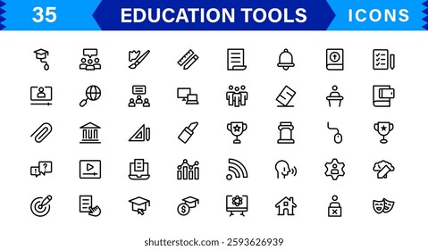 Education Tools Icon Set. High-Quality Icons for Classroom, Learning, Teaching, and Study Resources Designs