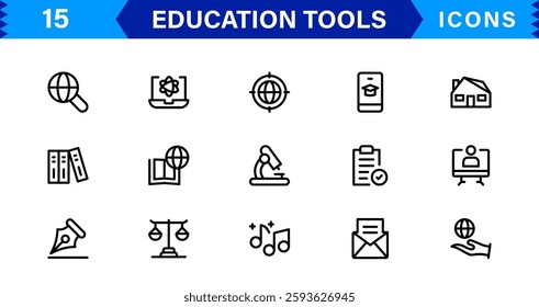 Education Tools Icon Set. High-Quality Icons for Classroom, Learning, Teaching, and Study Resources Designs