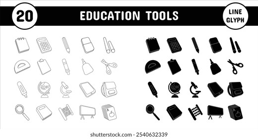 Education Tools Line Glyph Vector Illustration Icon Sticker Set Design Materials