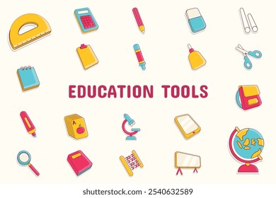 Ferramentas de educação Cor linear Vetor Ilustração Ícone Adesivo Definir Materiais de Design