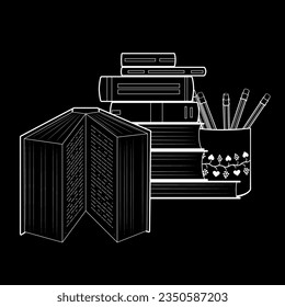 Education tools and study equipment. Stack of books, pencil cup and open book. White outline on black background.