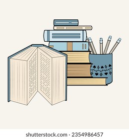 Education tools and study equipment. Stack of books, pencil cup and open book. Colored retro style vector illustration.