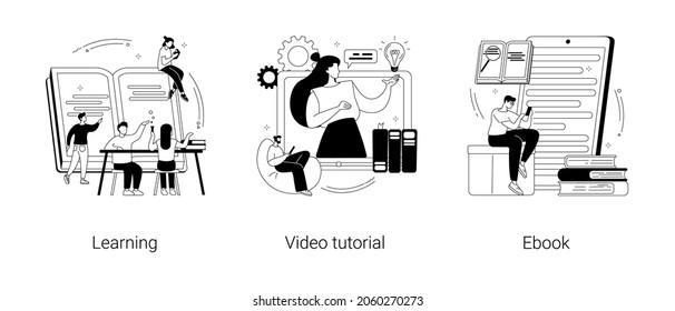 Education and training abstract concept vector illustration set. Learning, video tutorial, ebook reading, school library, online courses, student homework, memory and knowledge abstract metaphor.