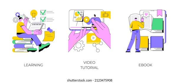 Education and training abstract concept vector illustration set. Learning, video tutorial, ebook reading, school library, online courses, student homework, memory and knowledge abstract metaphor.