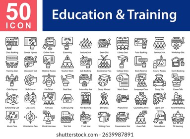 Education and Training +Collection of Icons with Outline Style Containing: Class Booking,Course Signup,Online Form,E-Learning,Lecture Seat,Exam Slot,Library Seat,Tutor Booking,Seminar Seat,Workshop
