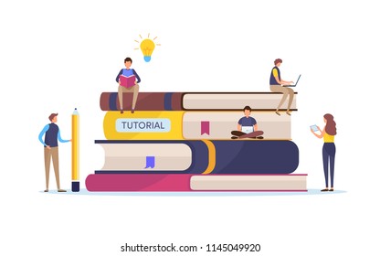 Education, Training course. Online study. Tutorials, e-learning, Smart knowledge. Cartoon miniature illustration vector graphic on white background.