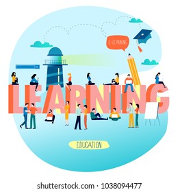 Education, training courses, distance education flat vector illustration. Word learning with group of people. Internet studying, e-learning, online education design for mobile and web graphics