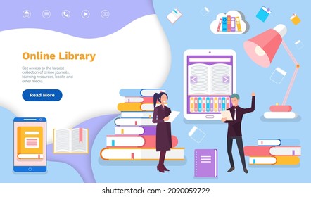 Education, training and courses, learning via Internet concept. Online library, electronic book storage. Smartphone library, online learning content. Educational website landing page template