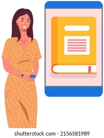 Education, training and courses, learning via Internet concept. Online library, electronic book storage in phone. Smartphone library content for reading literature. Woman using online library