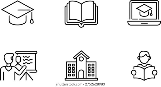 Education training icon set with graduation cap book online class teacher school and student vector outline icons isolated on white background