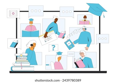 Education and training for older people online. Senior aged women and men learning together. Retirement students community. Vector flat illustration.