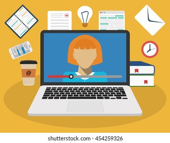 Education, training, online tutorial, e-learning concept. On the laptop screen video training. Flat vector illustration.