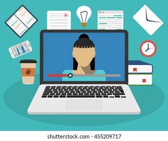 Education, training, online tutorial, e-learning concept. On the laptop screen video training. Flat vector illustration.