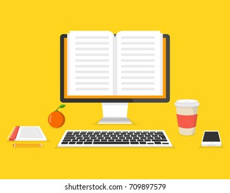 Education, training, online tutorial, e-learning concept. Work place with computer. Flat vector illustration.
