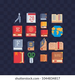 Education and training pixel art 80s style icons set. Design for mobile app, web, logo. Office equipment. Isolated vector illustration. School stationery. Game assets 8-bit sprite sheet. 