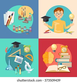 Education and training schoolboy learning back to school vector icons 