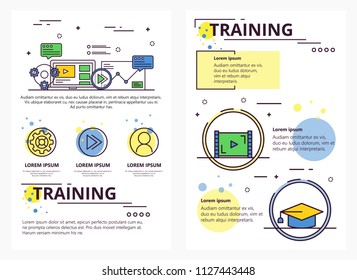 Education and training web banner, poster, flyer, leaflet, brochure template. Vector modern thin line art flat style design illustration.