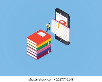 Education transition isometric vector concept. Student jumping from a pile of books to digital books inside mobile phone