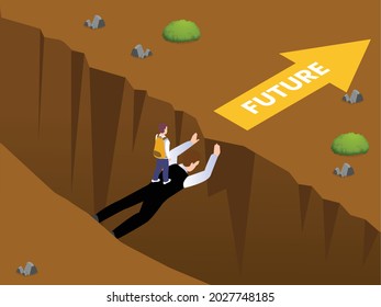 Education transition isometric vector concept. Father helping his son to pass a gap and reach the future