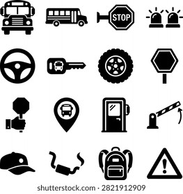 Education transport vector illustration collection featuring yellow bus steering wheel stop sign tire and student backpack safety graphics.
