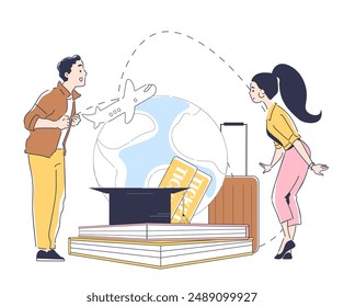 Education travel concept. Man and woman stand near stack of books against backdrop of globe. Flights for students. Holiday and vacation. Linear vector illustration isolated on white background