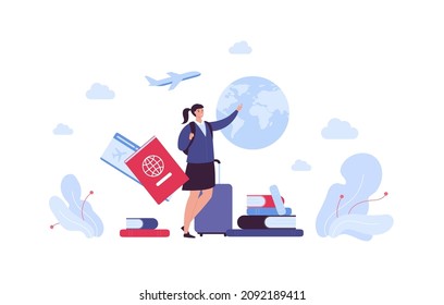 Education travel concept. Vector flat person illustration. Girl student in uniform with backback and baggage. Passport, ticket, book, plane and planet earth symbol. Design abroad educational trip