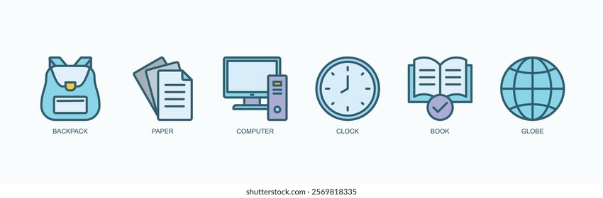 Education And Travel Essentials Icon Set Icon Set Isolated Vector Illustration Concept With Icon Of Backpack, Paper, Computer, Clock, Book, Globe In Outline Color Style