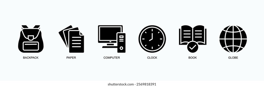 Education And Travel Essentials Icon Set Icon Set Isolated Vector Illustration Concept With Icon Of Backpack, Paper, Computer, Clock, Book, Globe In Glyph Style