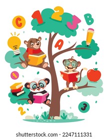 Education Tree With Cartoon Animals