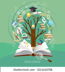 Education, tree of knowledge and open book, effective modern education template design. Back to school vector concept 