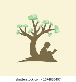 Education tree logo,where a boy reading a book under tree