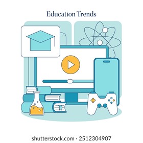 Concepto de Educación Trends. Combinar herramientas de aprendizaje tradicionales y modernas para una educación integral. Ilustración vectorial destacando el aprendizaje en línea e interactivo.