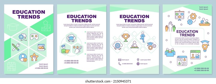 Education trends green brochure template. Learning innovations. Leaflet design with linear icons. 4 vector layouts for presentation, annual reports. Arial-Black, Myriad Pro-Regular fonts used
