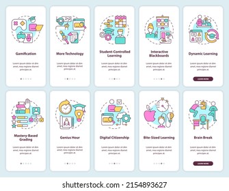 Education trends onboarding mobile app screen set. System development walkthrough 5 steps graphic instructions pages with linear concepts. UI, UX, GUI template. Myriad Pro-Bold, Regular fonts used