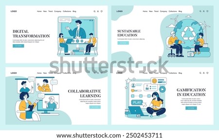 Education trends set. Digital transformation in learning, sustainable education practices, collaborative online study, and gamification methods. Vector illustration.