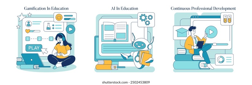 Education Trends set. Engaging gaming elements in learning, AI's role in modern education, ongoing skills development. Vector illustration.